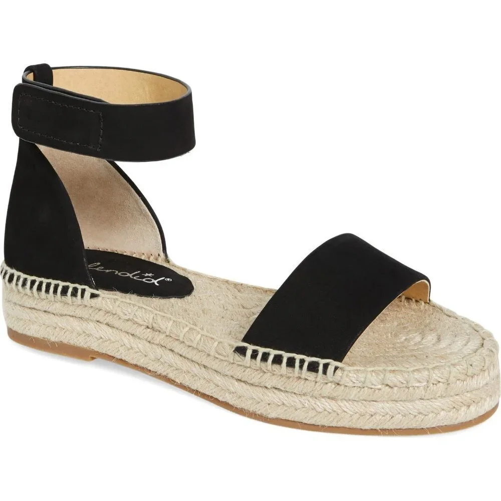 NEW SPLENDID Espadrille Platform Black Leather Suede Sandals Ankle Strap 6.5